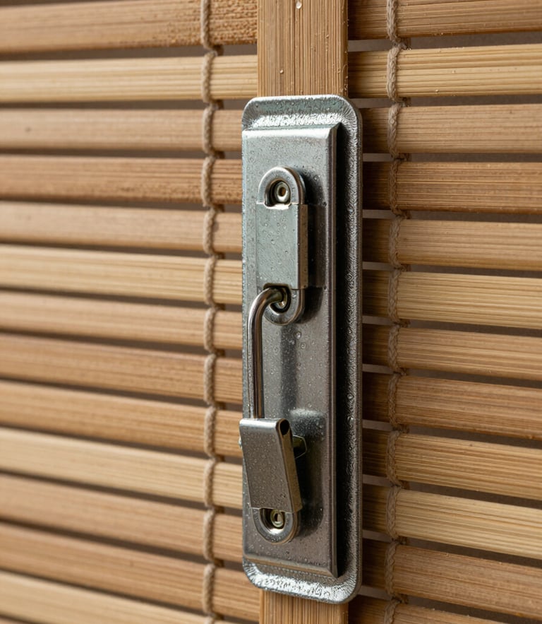 Detailed macro shot of heavy-duty cord locks and reinforced borders on a natural bamboo blind, showcasing the robust construction designed for monsoons.