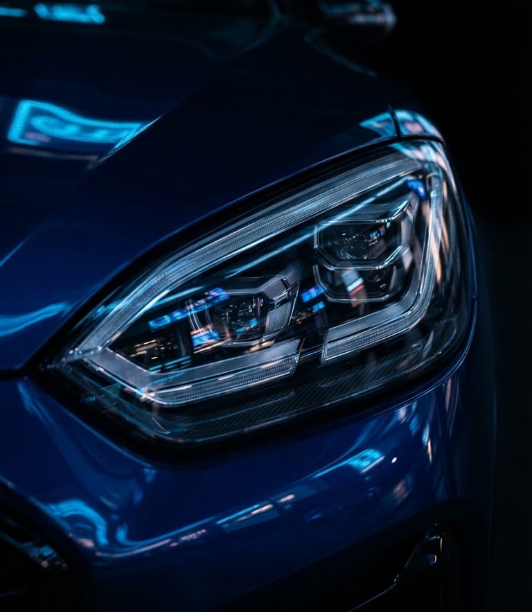 Sleek modern luxury electric vehicle headlight reflecting neon blue city lights, dark studio background, sharp focus, 85mm