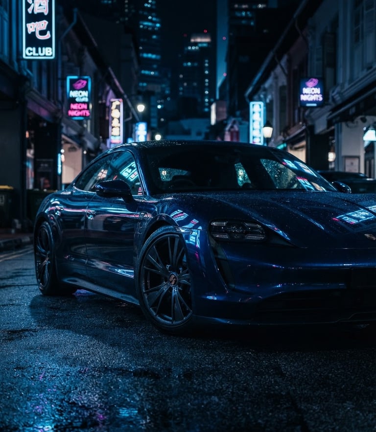 Sleek modern electric sports car reflecting neon blue city lights in a dark Singapore street, dramatic low-key lighting, 85mm