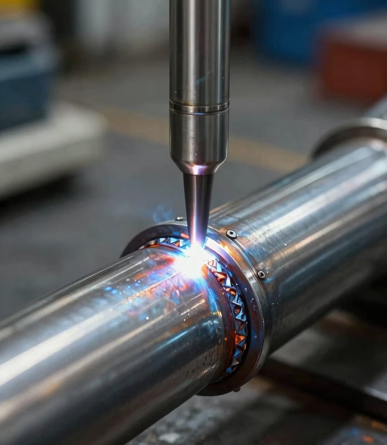 Primer plano macro de un cordón de soldadura TIG impecable sobre una tubería de acero inoxidable sanitario, luz fría de taller reflejada en el metal pulido espejo.