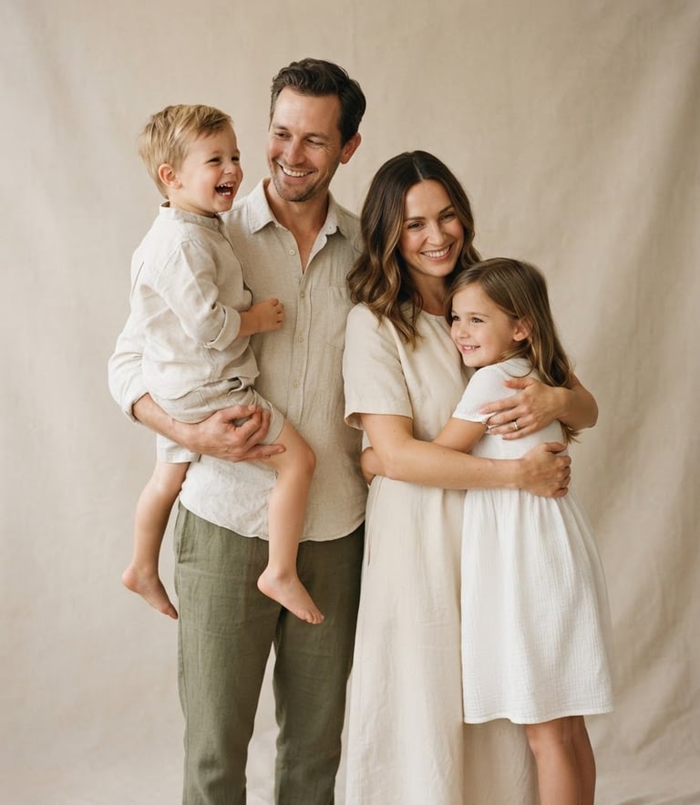 Elegant studio portrait of a family wearing premium linen and heritage cotton garments, warm diffused natural light, soft beige background, medium shot