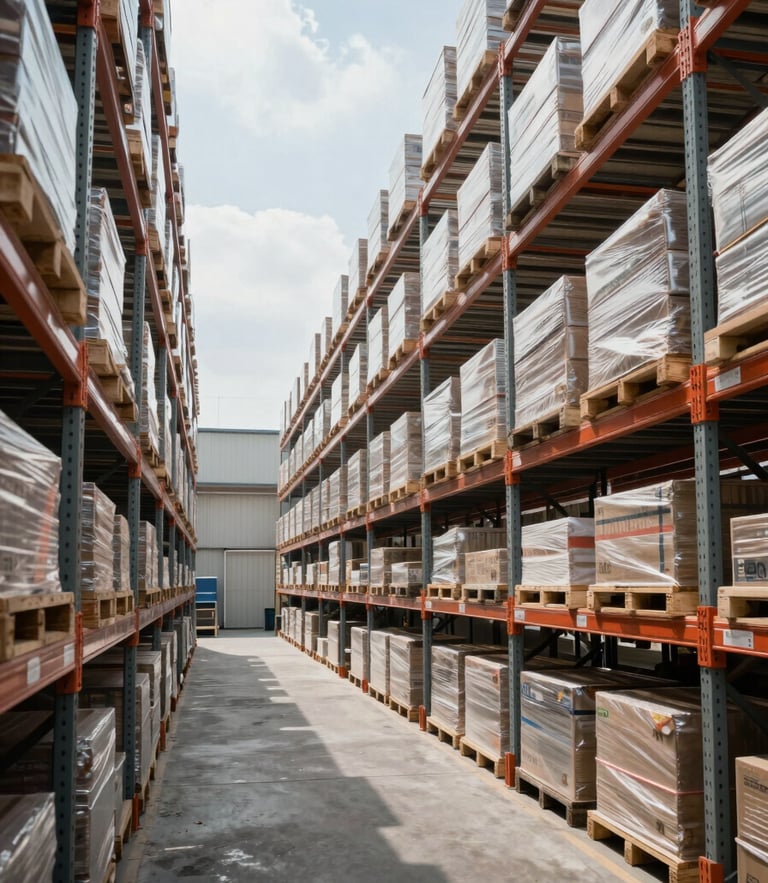 High-contrast architectural shot of a clean, structured warehouse logistics hub, cool daylight illuminating high-volume shelving units, precise alignment.