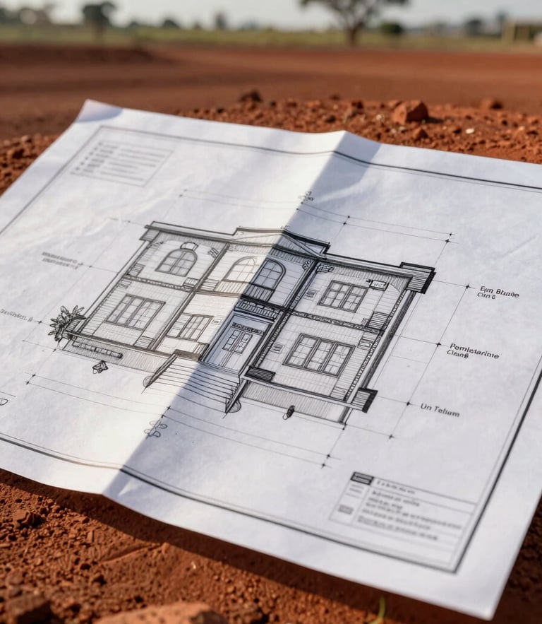 Orthographic blueprint schematic overlaid on raw Paraguayan red earth, crisp morning light, high contrast, technical architectural drawing details, no people.