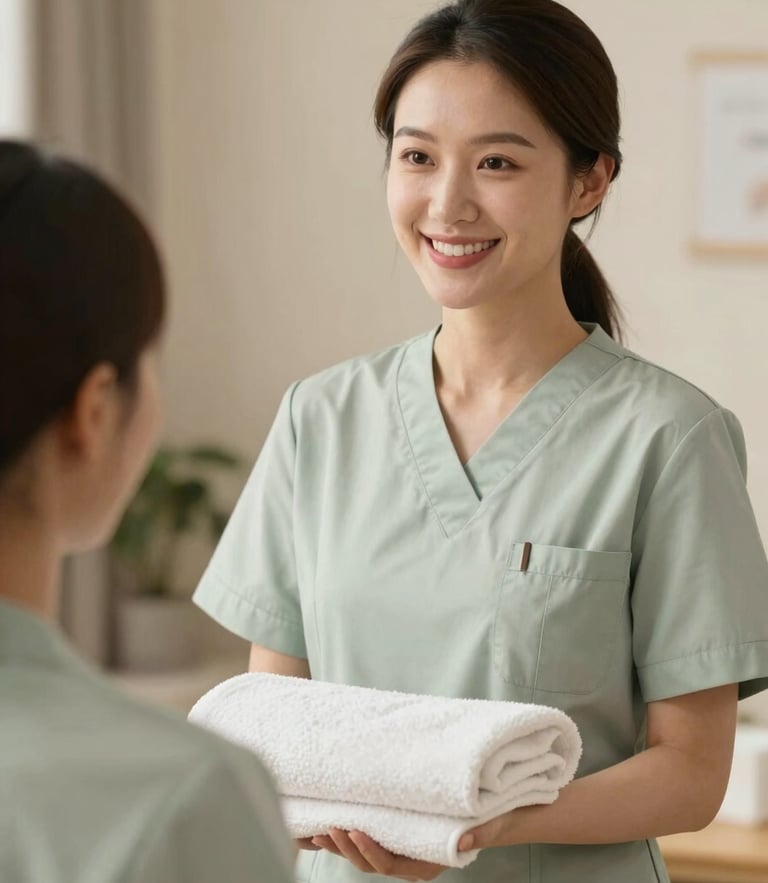 A professional female therapist in a neat clean uniform, smiling warmly, holding a folded white towel, soft ambient indoor lighting, warm editorial photography, shallow depth of field.