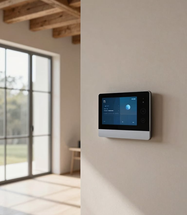 An editorial interior photograph of a minimalist, sunlit living room with high ceilings and exposed wooden beams. A sleek, flush-mounted smart control tablet is visible on a soft plaster wall, displaying a clean, dark interface. Soft natural architectural daylight streams through a large steel-framed window, casting gentle shadows. Warm muted tones, clean lines, 35mm lens.