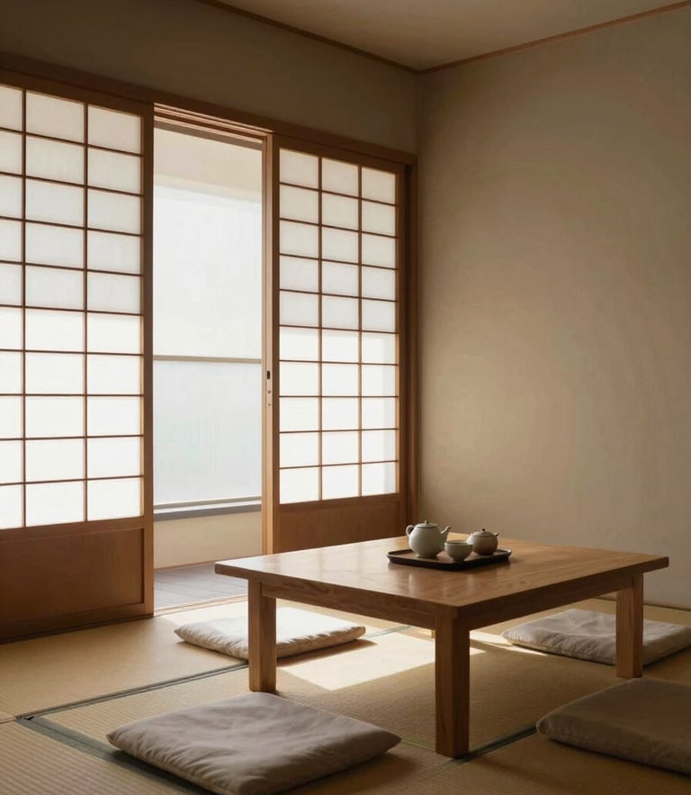 Serene minimalist Tokyo guesthouse interior, soft morning light filtering through shoji screens onto tatami mats, elegant low wooden table with a ceramic tea set, architectural wide-angle composition, 35mm lens, high-end hospitality.