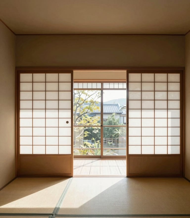Architectural wide angle of a serene Tokyo guesthouse interior, soft natural morning light filtering through shoji screens, minimalist design, warm neutral tones