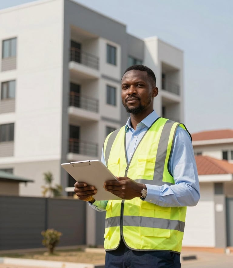 Portrait of a Ghanaian property inspector in a high-visibility vest standing in front of a modern Spintex development, holding a clipboard and tablet under bright natural Ghanaian sunlight.