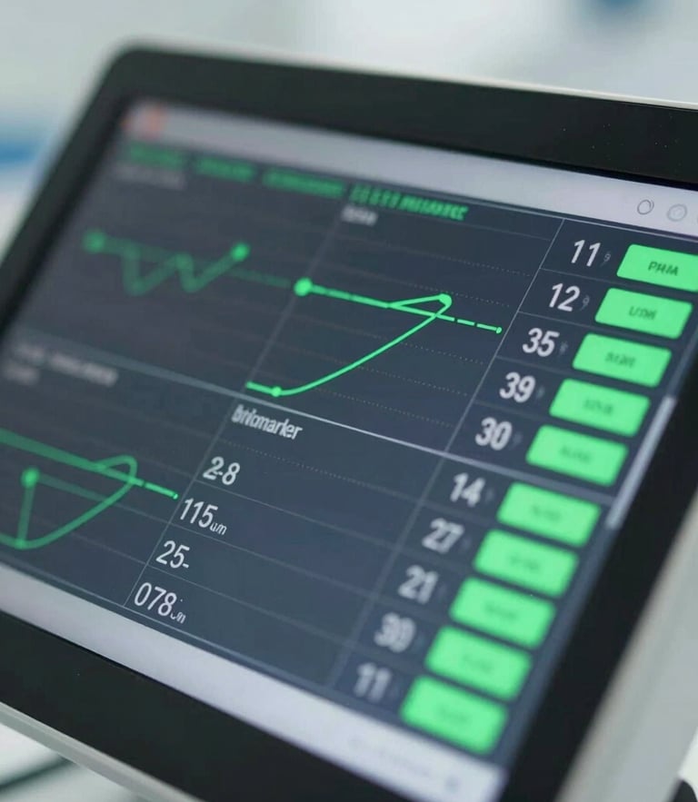 Macro close-up of a high-tech biomarker dashboard displaying clean data visualizations, soft glowing green metrics, bright clinical daylight, shallow depth of field.