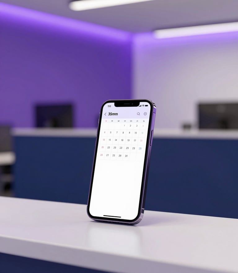 A clean modern office reception desk in London with a smartphone displaying a calendar booking confirmation, soft purple and navy blue ambient lighting, sharp focus, 35mm