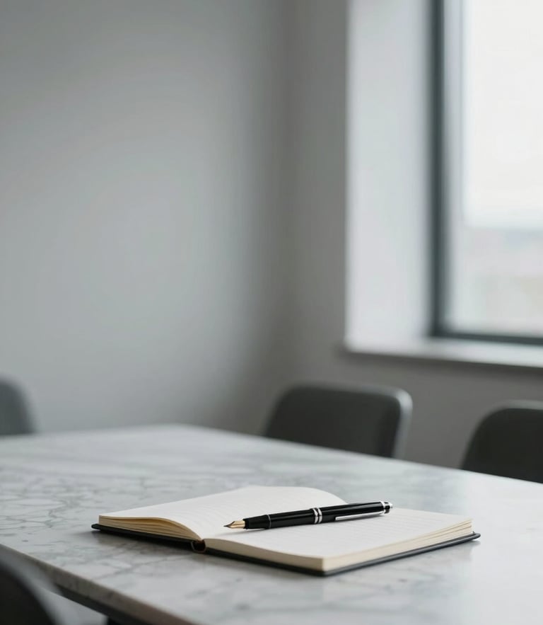 Minimalist office interior with soft natural window light, a clean marble meeting table with a fountain pen and notebook, shallow depth of field, 35mm