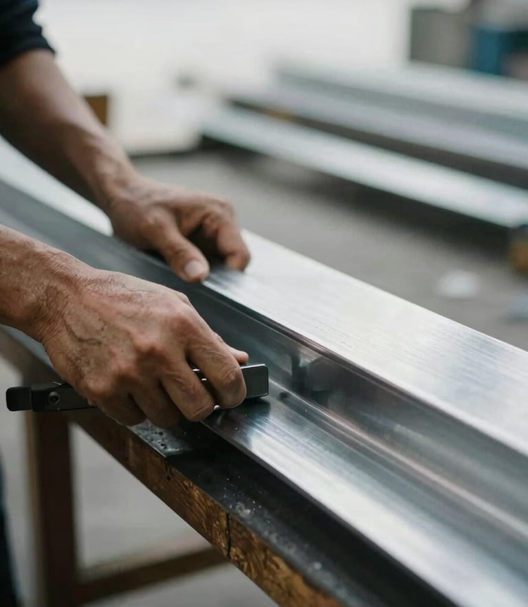 Close-up of hands shaping sheet metal in a workshop, soft overcast daylight, cool metallic tones, 35mm