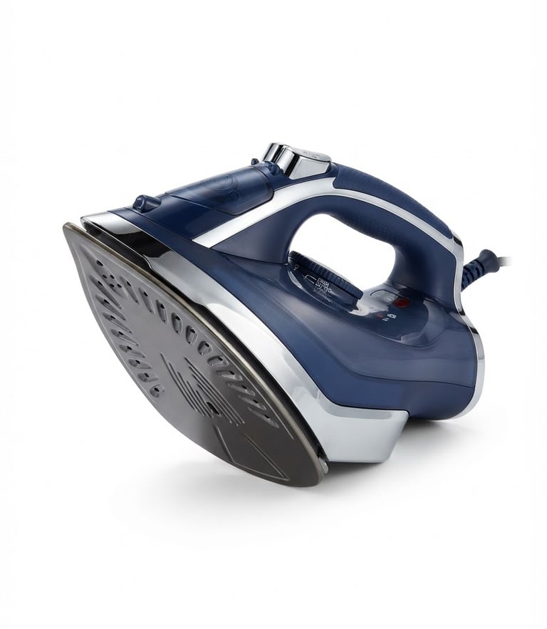 Bright high-key product photography of a premium navy blue electric iron with a thick non-stick soleplate, clean studio lighting, sharp focus, metallic reflections, crisp white background