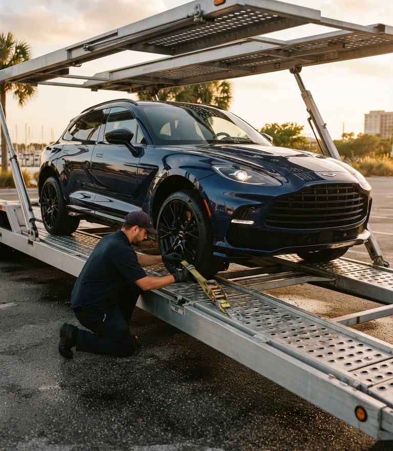 Low-angle editorial photography of a modern luxury SUV being secured onto a clean, multi-car open carrier, warm golden-hour Florida light, shallow depth of field, 35mm