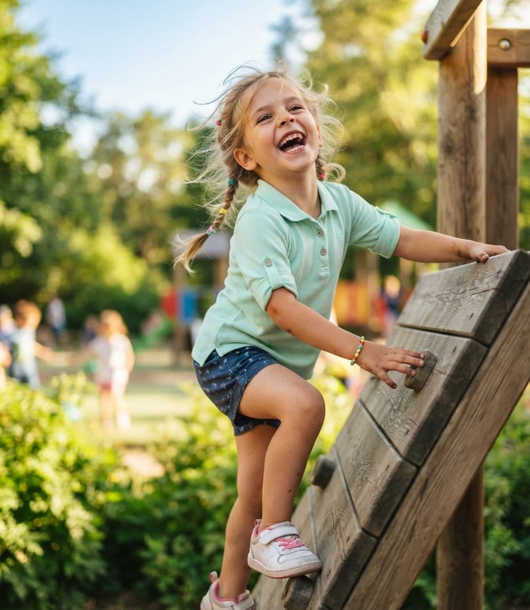 A joyful girl in a vibrant soft mint polo shirt laughing, climbing a wooden playground structure, bright natural daylight, warm sun-drenched outdoor setting, soft focus background.