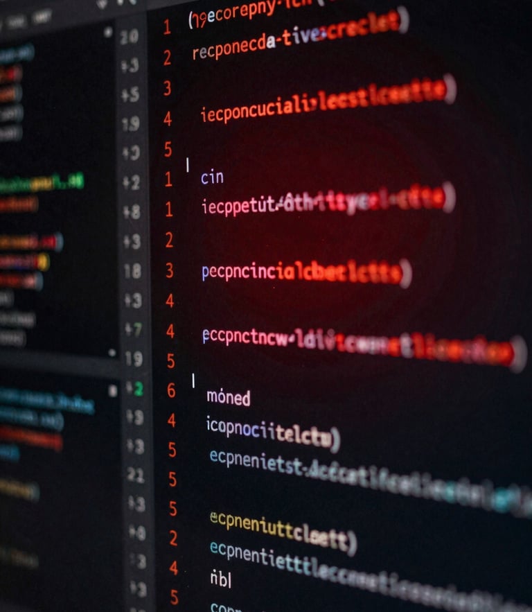 Macro shot of econometric code in R on a dark screen, deep crimson highlight reflections, sharp focus, 35mm dark academic photography