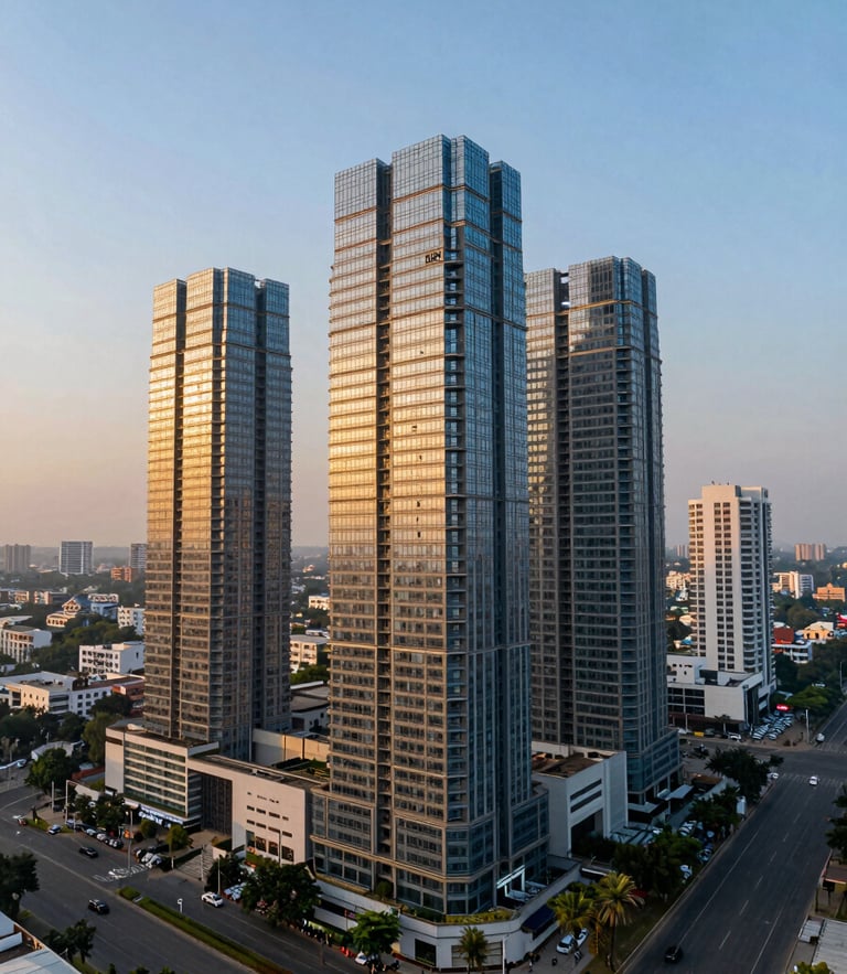 Sweeping twilight drone photography of Gurgaon's Southern Peripheral Road high-rise developments, structural glass facades reflecting golden hour light, expansive clean sky.