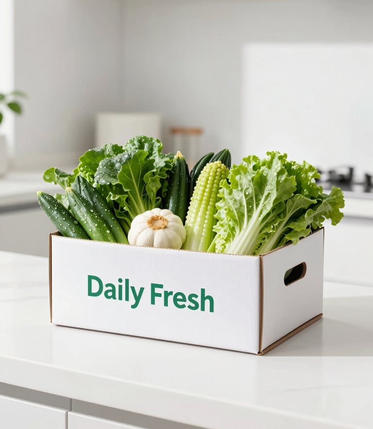 Bright high-key product photography of a modern minimalist kitchen counter with a Daily Fresh delivery box filled with vibrant, dew-kissed green vegetables, morning daylight
