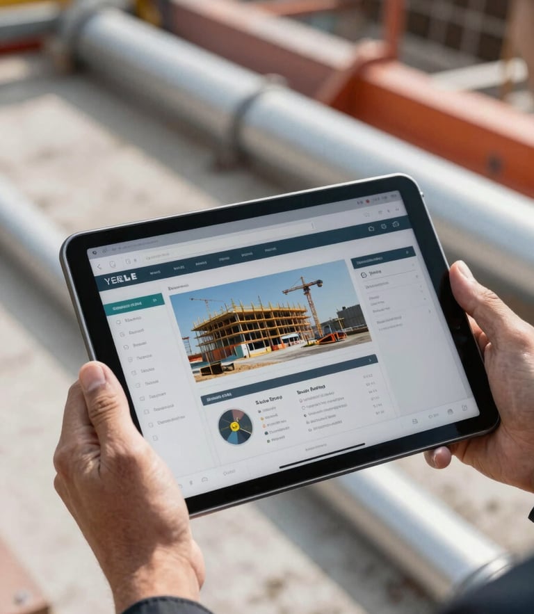 Close-up of rugged hands holding a modern tablet showing a construction business dashboard on an active job site, natural high-contrast daylight, muted steel and orange tones, sharp focus, 35mm