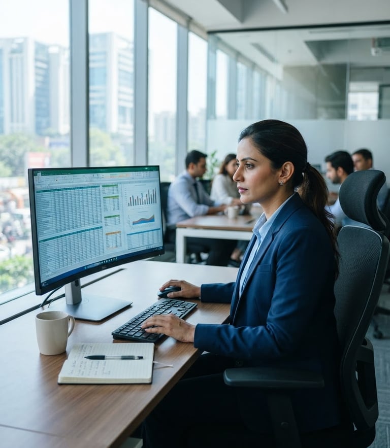 A professional consultant in a bright Gurugram office analyzing financial spreadsheets on a modern monitor, natural light, cool blue tones, 35mm.