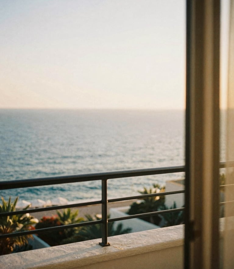 A quiet sun-drenched resort balcony overlooking the Mediterranean sea, warm golden hour light, soft 35mm film texture, shallow depth of field.