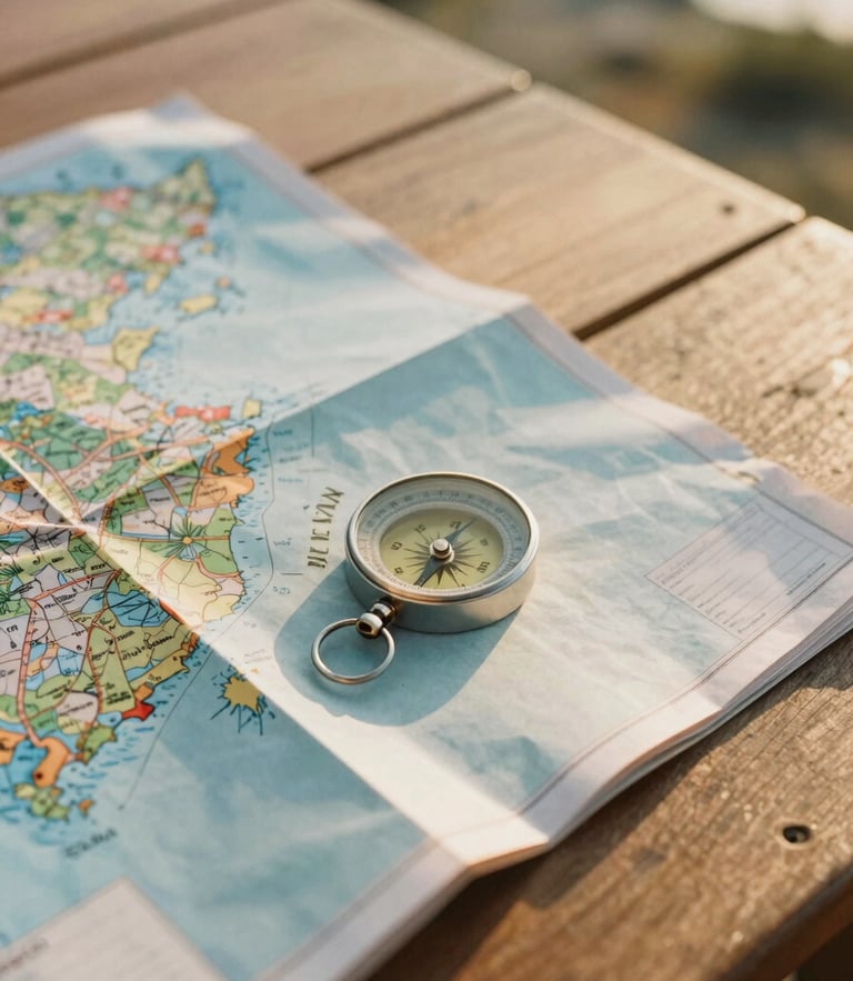 Intimate medium shot of a physical travel map and a compass resting on a sun-drenched wooden table, warm golden-hour light, shallow depth of field, 35mm film