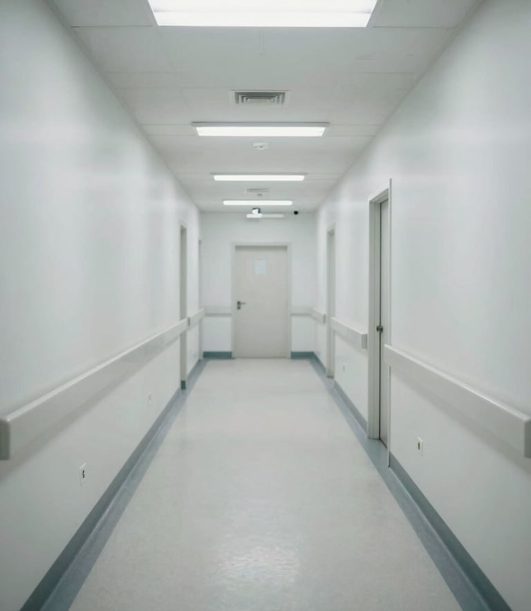 Stark, cold empty corridor of an institutional nursing facility with sterile white walls, overhead fluorescent glare, and linoleum floor.