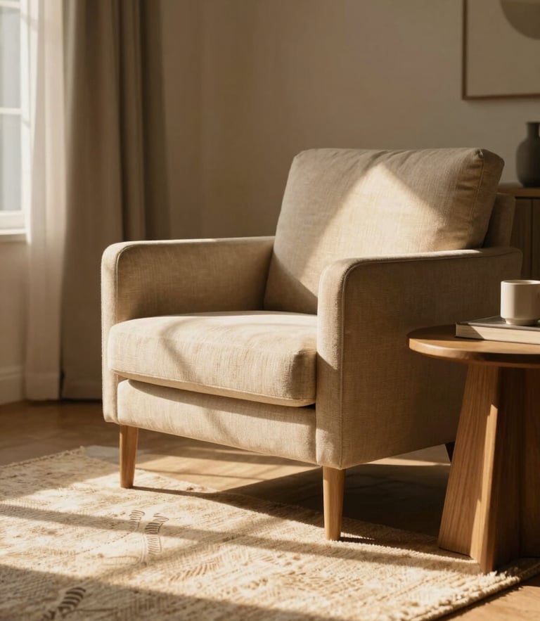 A warm, sun-drenched living room with a comfortable armchair, wooden side table, and soft golden light on a textured rug.