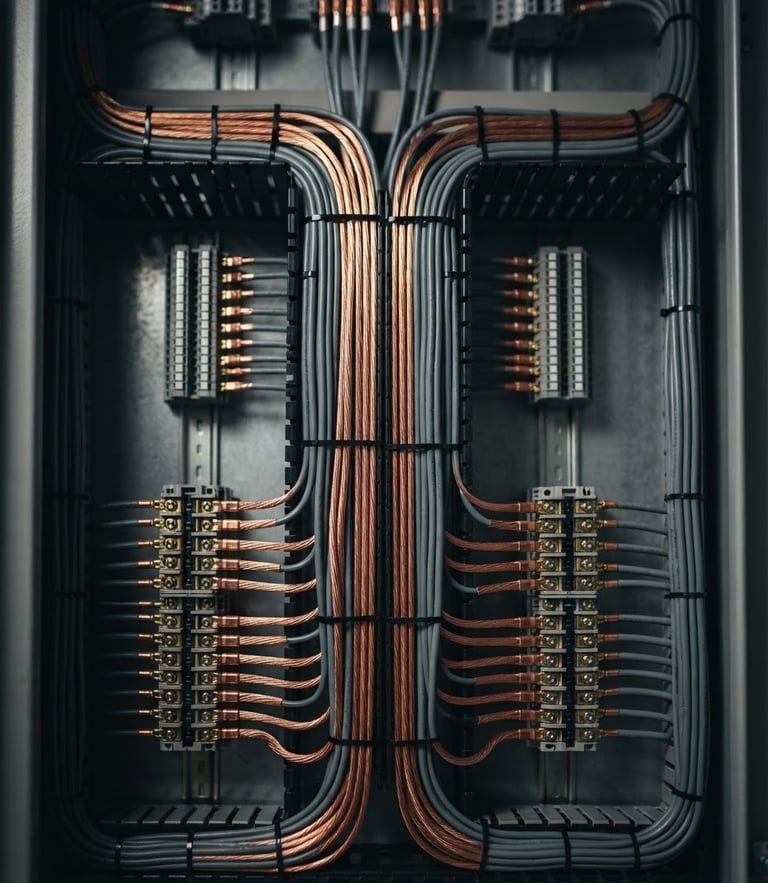 Symmetrical close-up of a meticulously dressed electrical panel with copper and slate wires run in perfect parallel lines, dramatic directional lighting