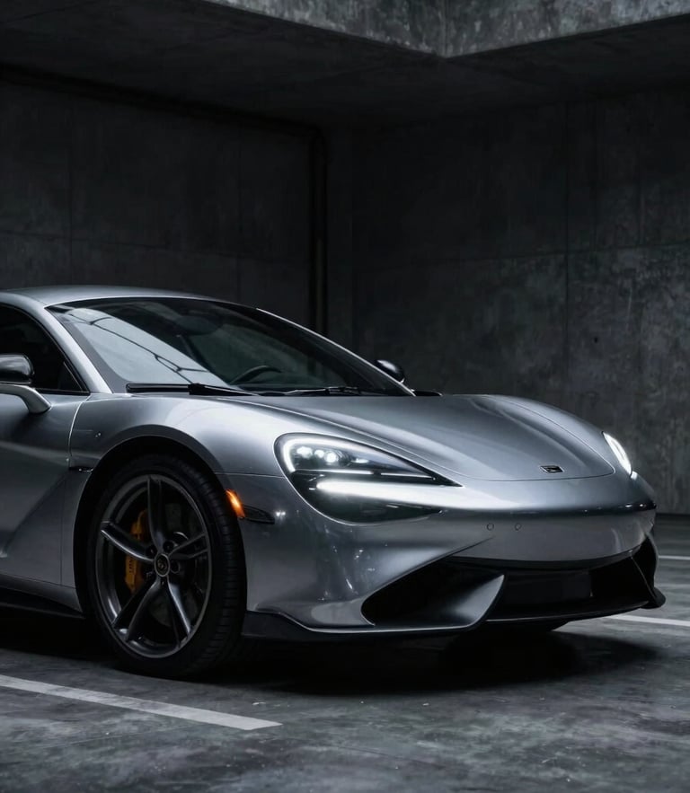 Sleek modern sports car parked in a dark architectural concrete garage, dramatic silver headlight reflections, low-key studio lighting, 35mm lens