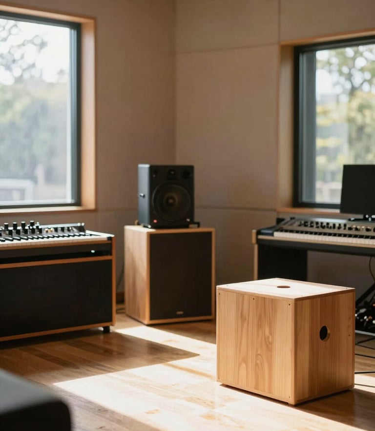 Bright editorial photography of a sun-drenched recording studio with natural wood acoustic instruments, warm natural daylight streaming through large windows, 35mm lens