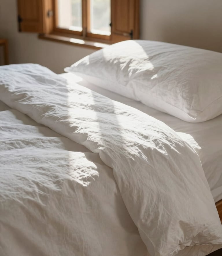 Crisp white linen sheets with natural creases, soft morning sun filtering through wooden shutters, throwing gentle shadows in a serene Provençal room.