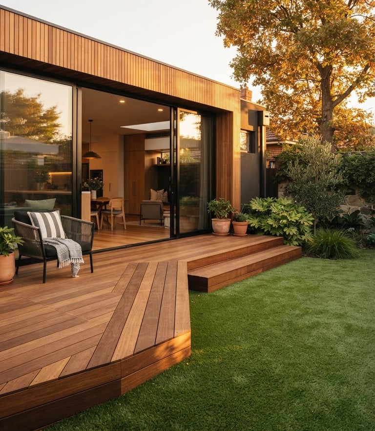 Warm editorial architectural photography of a finished modern home extension with clean timber deck lines meeting perfectly laid artificial turf, bright natural golden-hour light