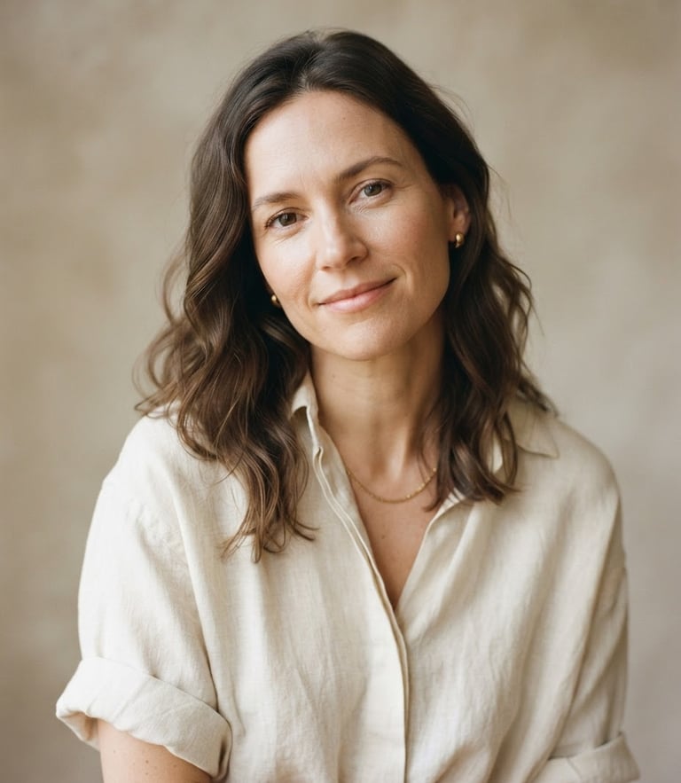 Elegant minimalist portrait of a woman in a draped cream linen shirt, soft natural daylight, warm neutral background, 35mm
