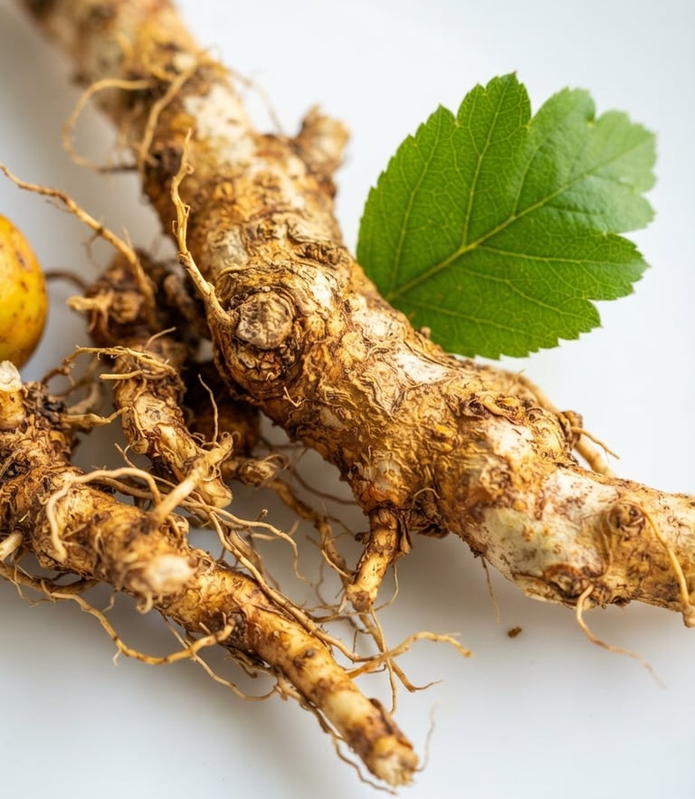 vibrant botanical photography, bright natural sunlight, rich green and golden tones, crisp details, 50mm lens. Close-up of clean, raw tejocote roots on a crisp white clinical surface with soft natural morning sunlight and a small green leaf.