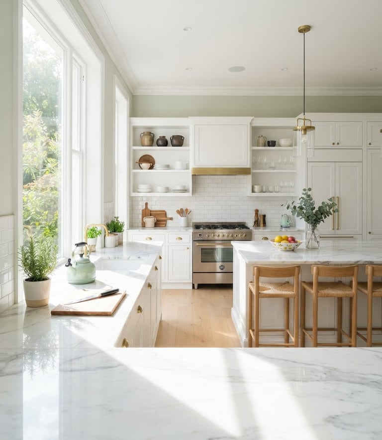 Bright high-key interior photography of a modern sunlit kitchen, pristine marble countertops with sharp reflections, architectural digest style