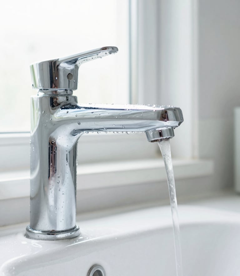 Close-up of a sparkling clean bathroom faucet, water droplets on polished chrome, bright morning window light, high-key photography, 35mm