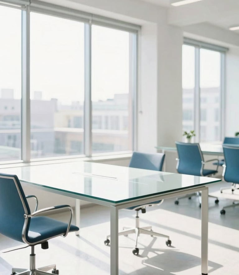 Bright, sunlit modern office workspace with clean glass desks, minimalist chairs, natural morning light, high-key photography, 35mm