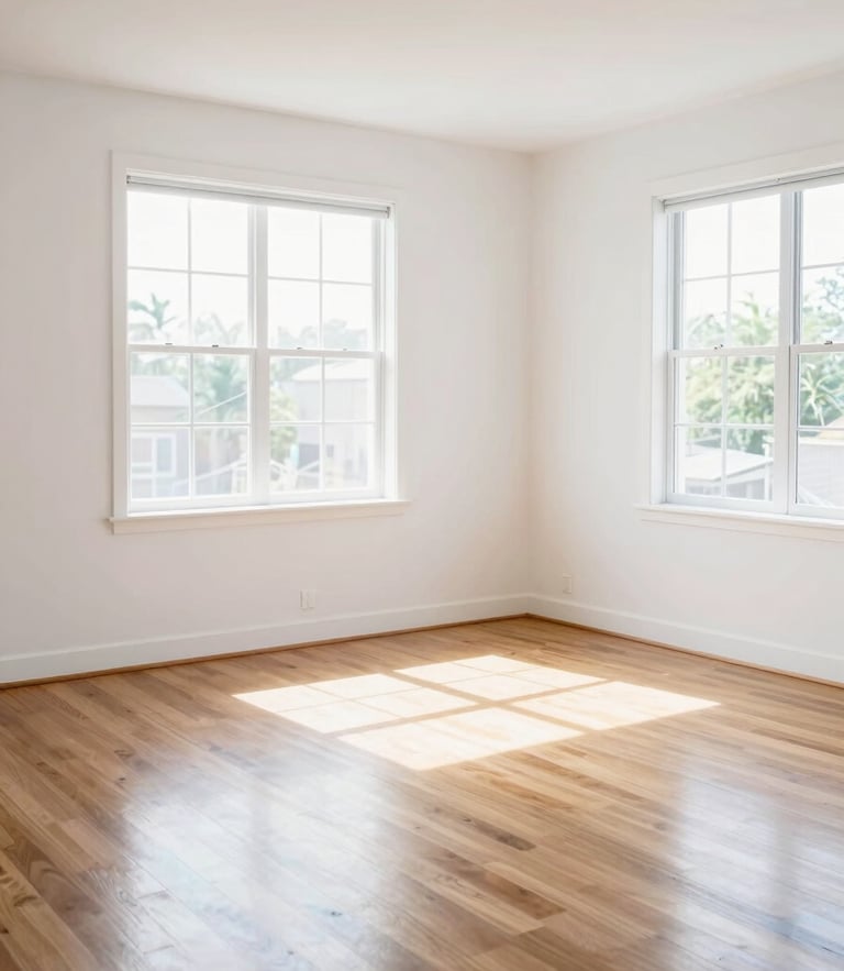 Empty, pristine apartment living room with polished hardwood floors, bright light streaming through large windows, move-in ready, 35mm