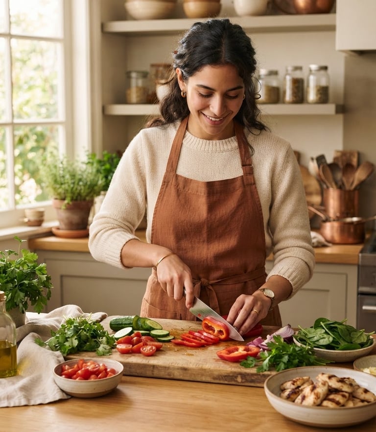Sophia Vega in a warm-toned, sunlit kitchen preparing a fresh high-protein meal, hands chopping fresh vegetables on a wooden board, soft natural window light, shallow depth of field, 35mm