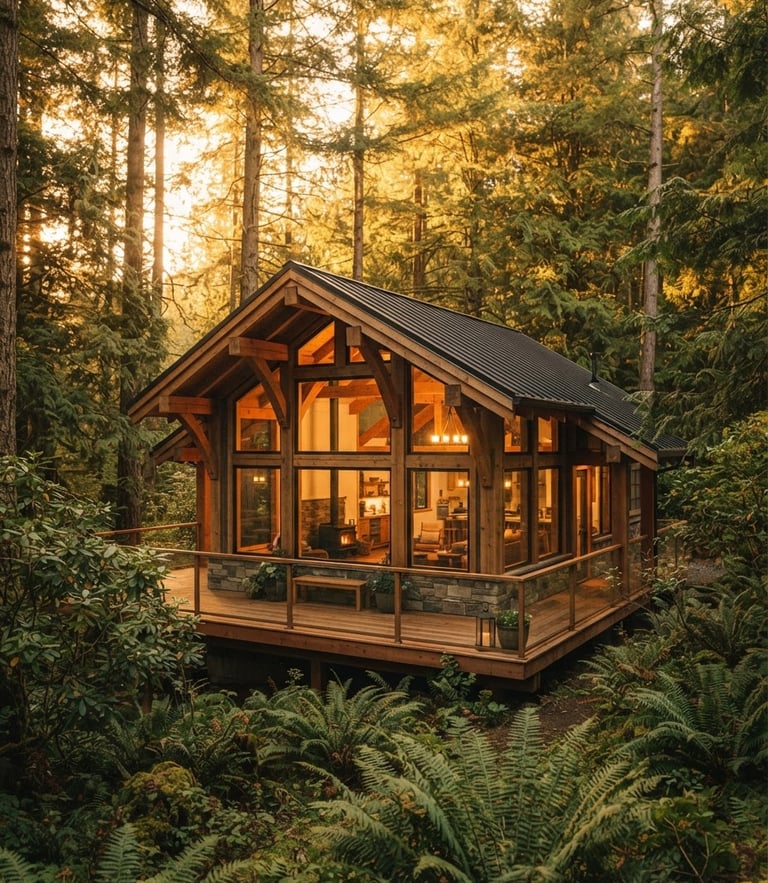 Warm golden-hour forest light filtering through tall pines, a modern timber-frame supportive cabin nestled among ferns, professional architectural photography.