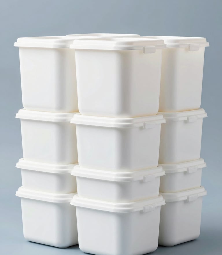 Clean organized stack of commercial cleaning supplies in uniform white containers under bright studio light, neutral blue-slate tone