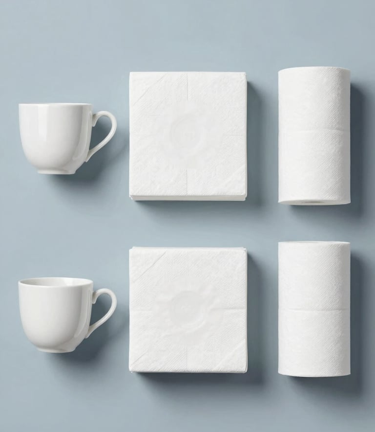 Straight-on clean flat-lay of premium corporate pantry consumables, white tea cups, neatly stacked paper towels, bright office lighting, neutral slate-blue background