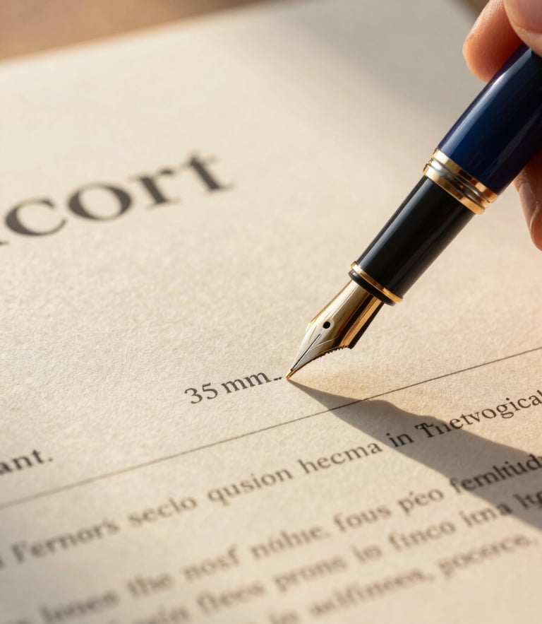 Elegant macro shot of a fountain pen signing a real estate contract on textured cream paper, warm golden-hour sunlight casting long shadows across the document, subtle deep navy and gold tones, professional editorial style, 35mm