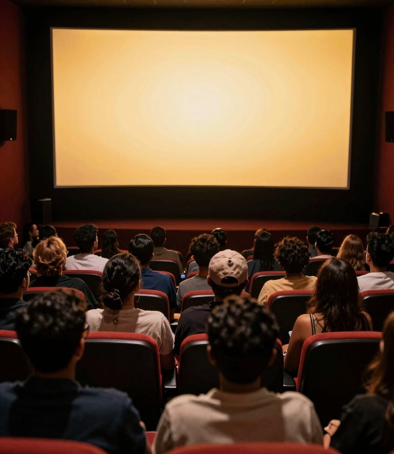 Cinematic wide shot of a diverse audience in Kochi, their faces illuminated solely by the dramatic golden glow of a movie projector screen in a dark, atmospheric room.