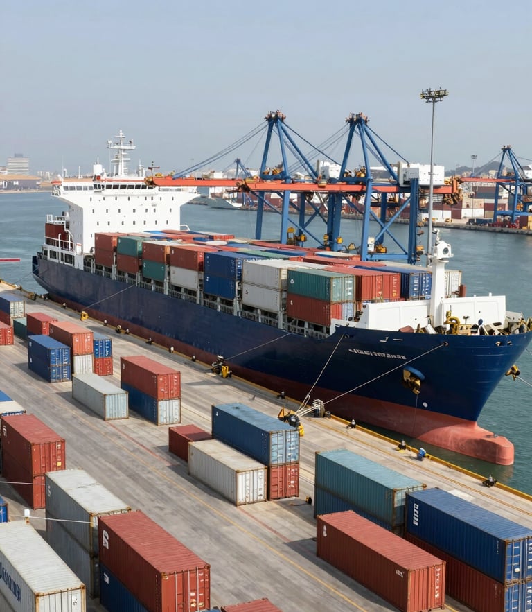 Wide environmental shot of a modern container port in Tripoli, bright natural daylight, organized shipping containers and a cargo vessel docked, high-clarity industrial infrastructure.