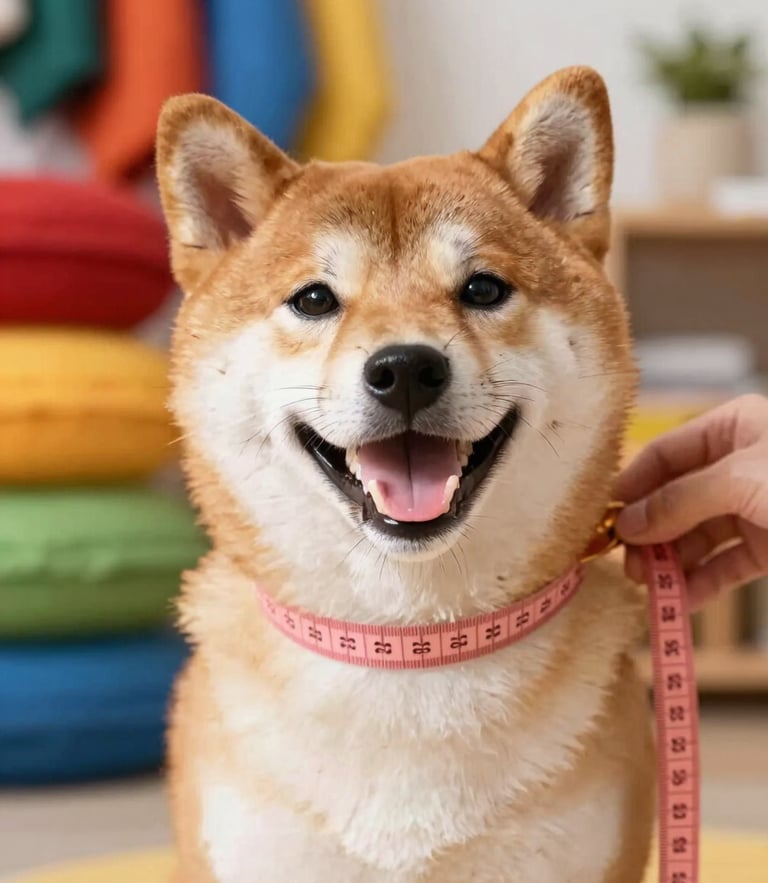 Bright joyful pet photography, warm natural daylight, vibrant colorful tones. Close-up of a happy Shiba Inu being gently measured with a pink tape measure, colorful fabrics in a warm Celaya workshop background, shallow depth of field, sharp focus.