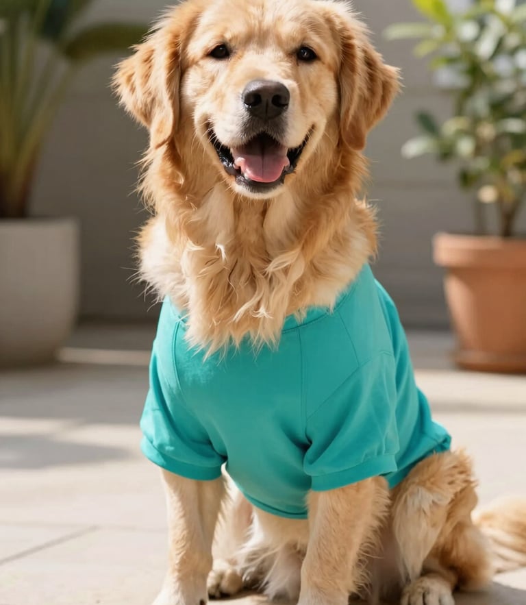 A happy golden retriever wearing a bright teal pet shirt, sitting on a sunny patio, looking directly at the camera with a joyful expression, warm daylight.