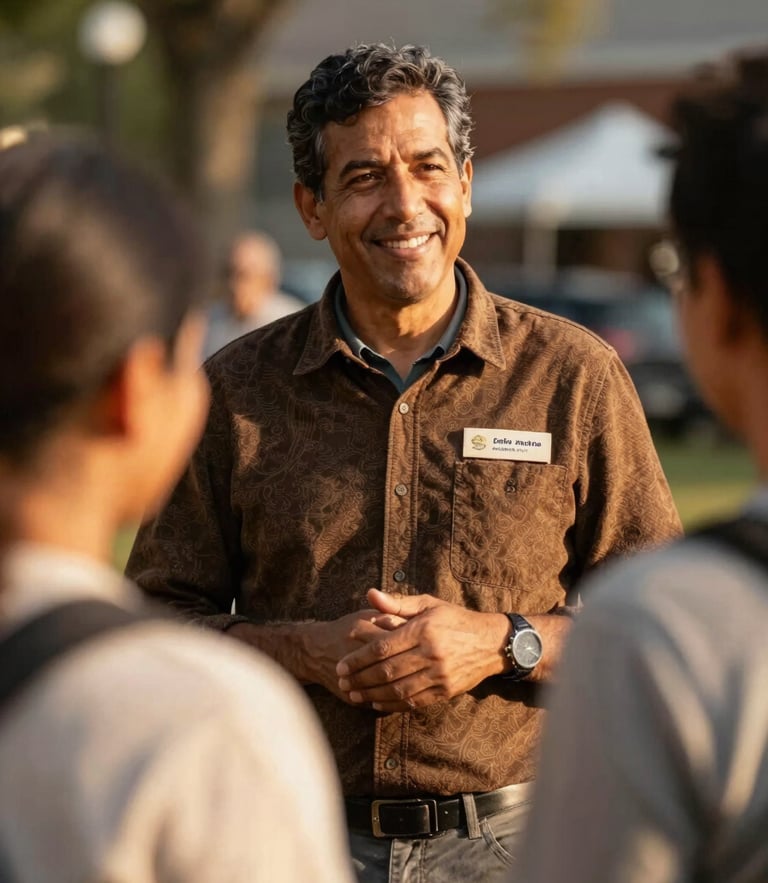 Warm editorial photograph of a local community leader in Ohio, natural golden-hour daylight, rich earthy tones, candid human connection, shallow depth of field