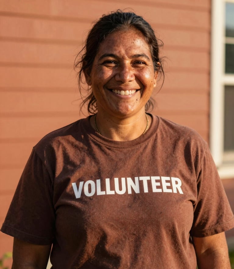 Environmental portrait of a local Ohio community volunteer, warm natural golden-hour daylight, candid smile, soft terracotta background, shallow depth of field.